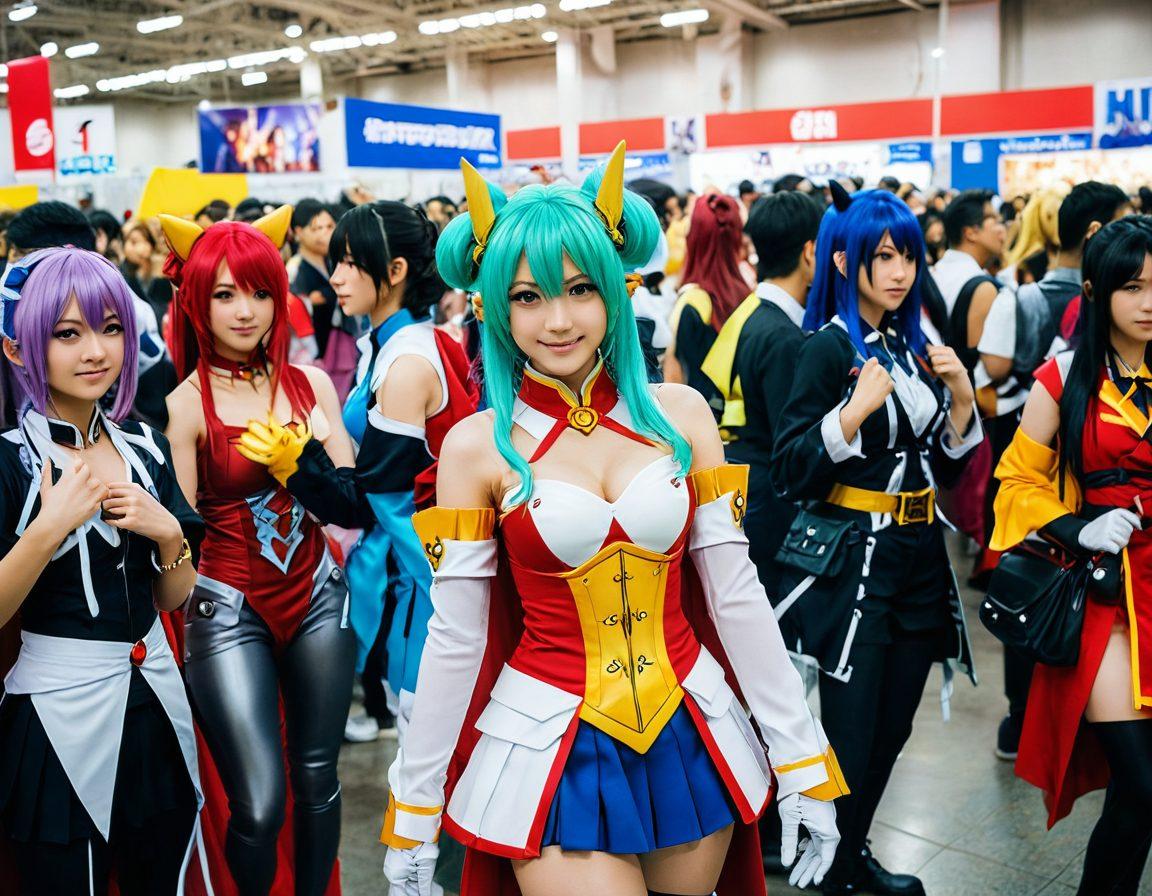 A vibrant scene illustrating a colorful anime convention, filled with diverse fans dressed as their favorite characters, surrounded by merchandise stalls. Include elements representing different fetishes and fan service, such as artwork on display and cosplayers interacting playfully. The atmosphere should convey a sense of community and acceptance, with banners and posters showcasing various aspects of hentai culture. anime style. vibrant colors. dynamic composition.